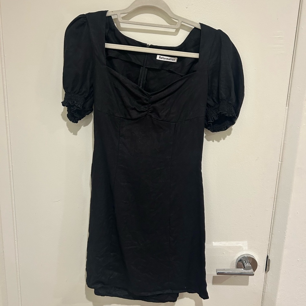 Reformation Black Puff Sleeve Mini Dress with Sweetheart Neckline